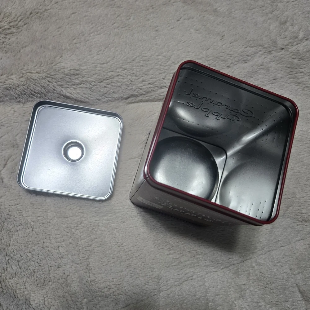 Williams Sonoma Caramel Apple Collector Tin with Lid, square, empty